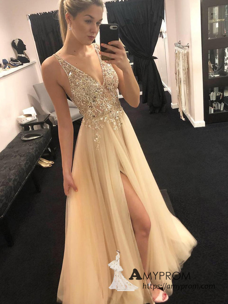 gold prom dress with slit