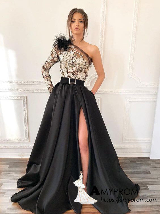 one shoulder long sleeve evening gown