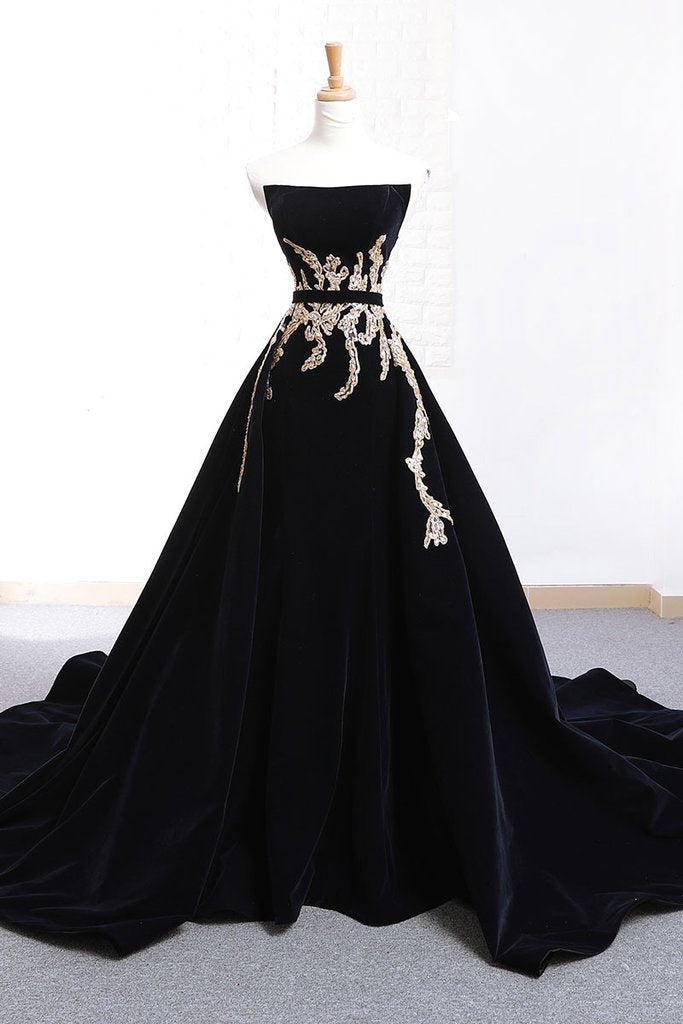 strapless black formal dress