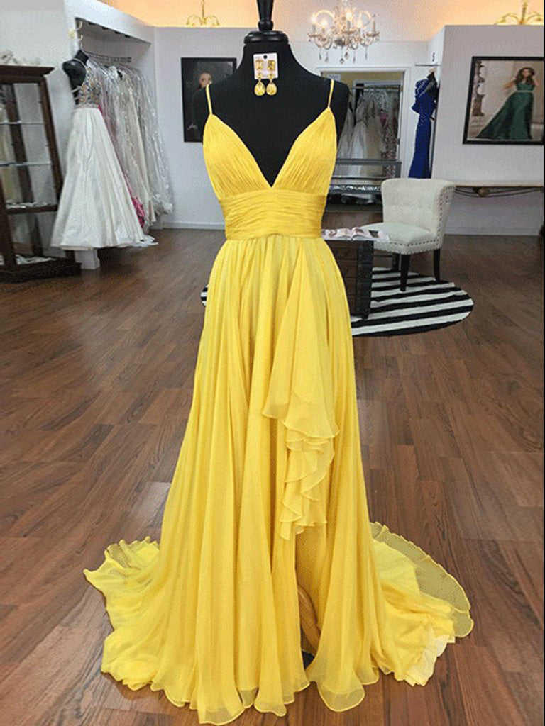 Spaghetti Straps Yellow Long Prom Dress 