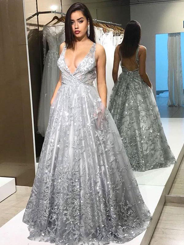 silver beaded prom dress
