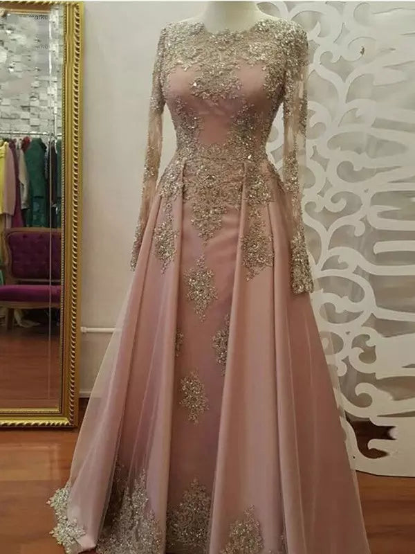 long sleeve pink prom dress