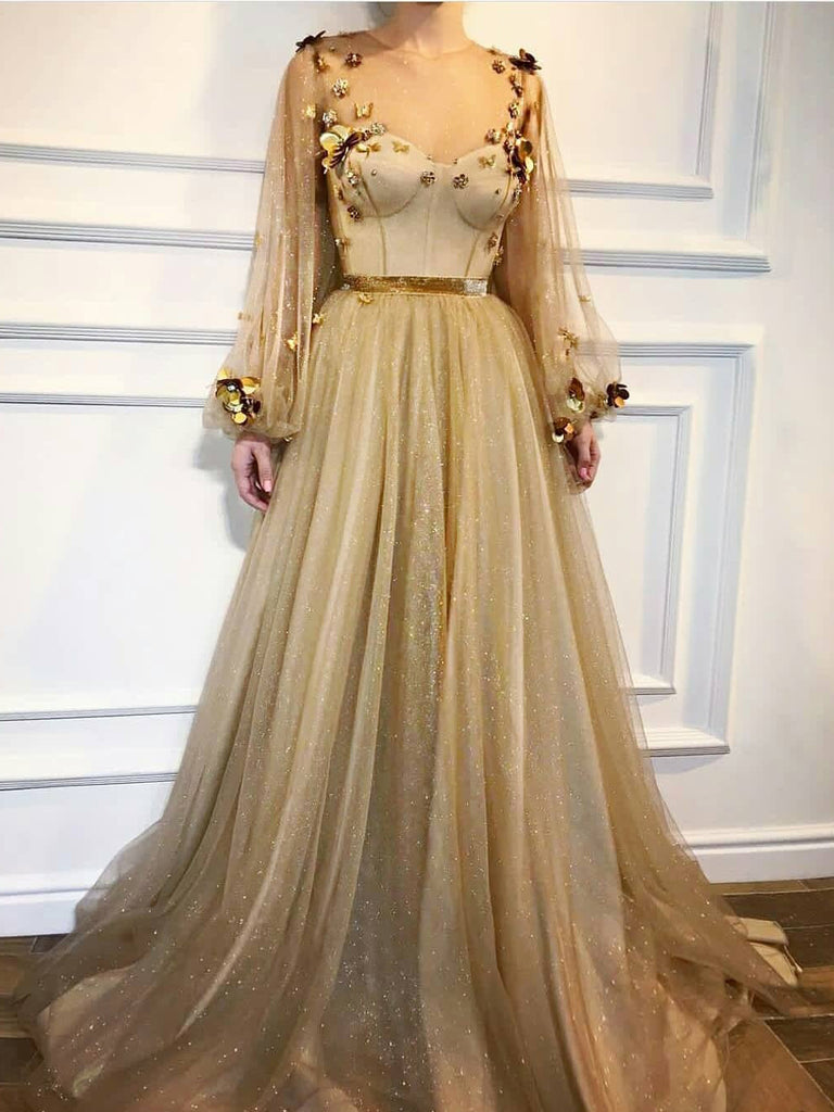 gold long sleeve evening gown