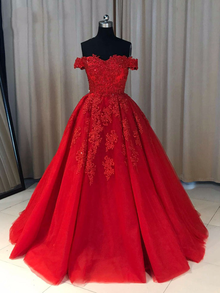 off the shoulder red prom dress