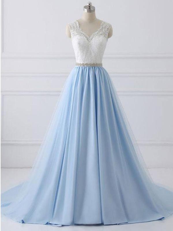 blue a line prom dress