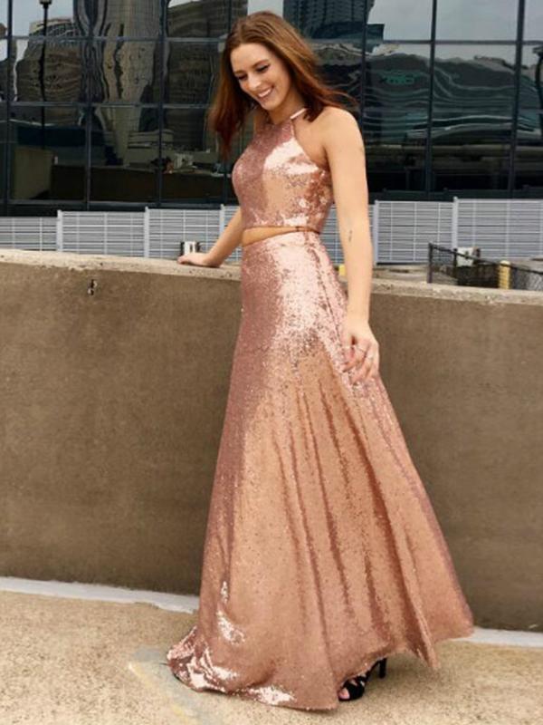 long pink sequin prom dress