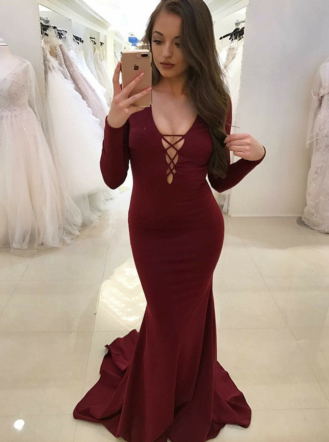 burgundy long sleeve formal dress