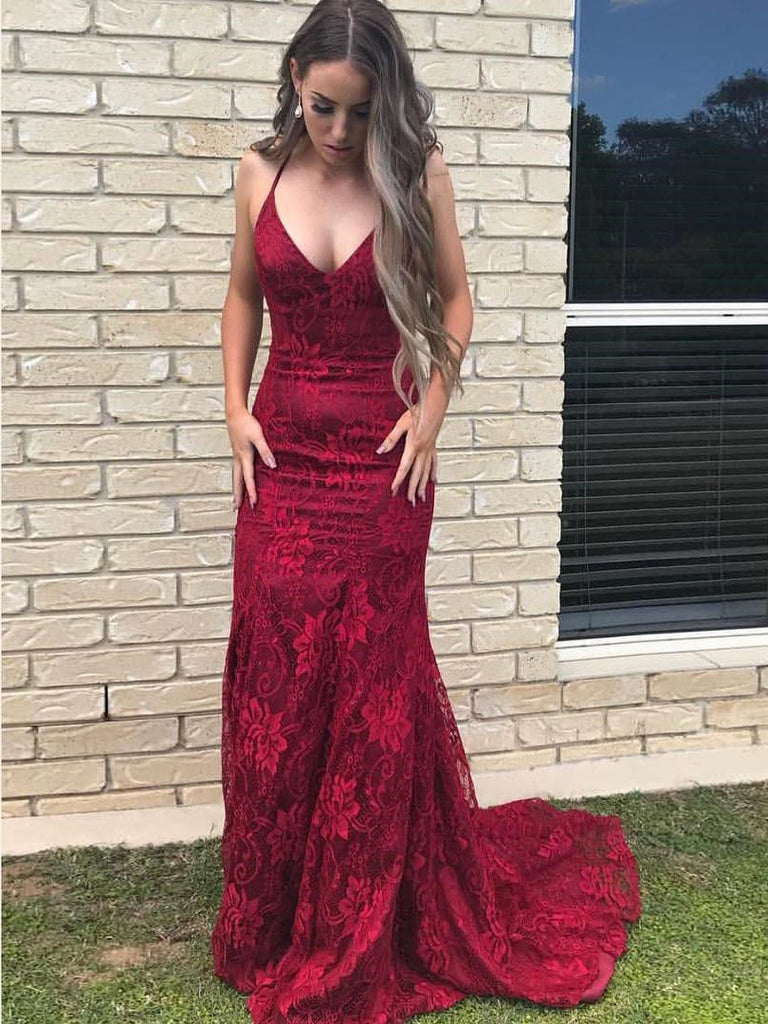 red spaghetti strap mermaid dress