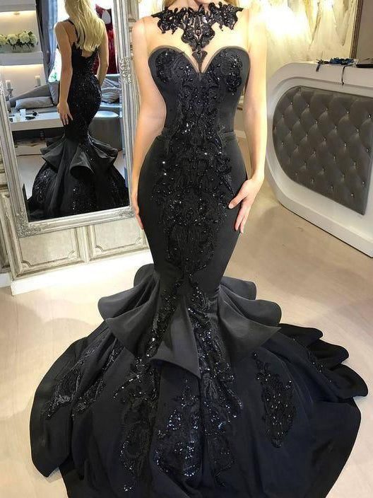 Trumpet/Mermaid Prom Dresses Scoop Black Beading Long Prom Dress/Eveni