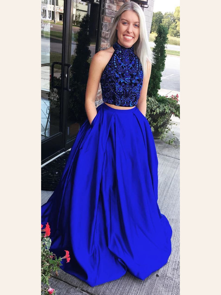 Two Pieces Prom Dress Royal Blue A-line 