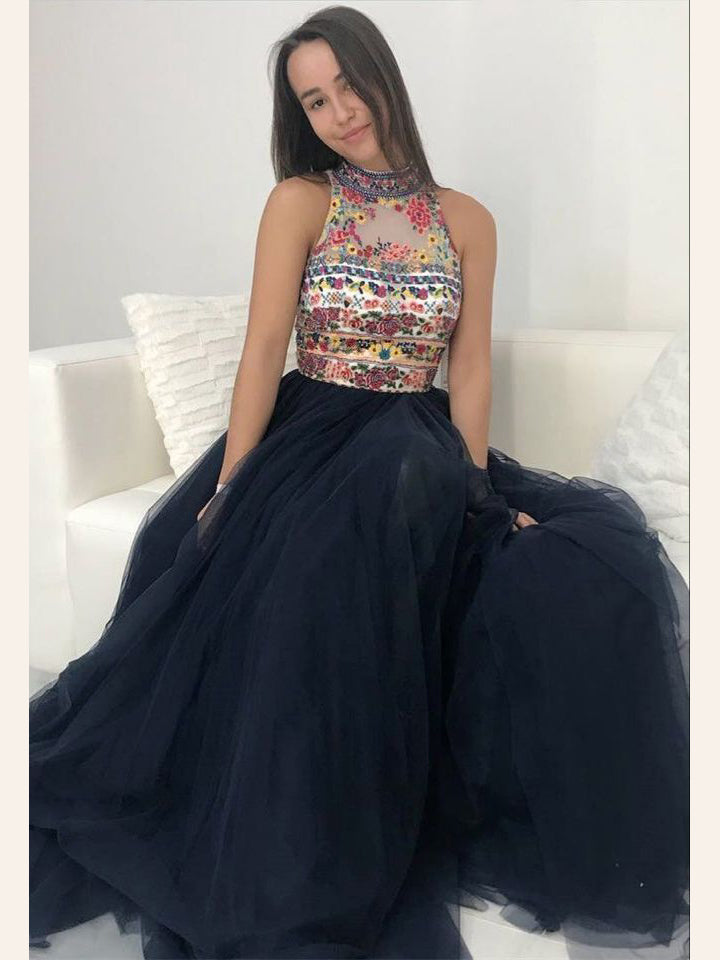 navy high neck prom dress