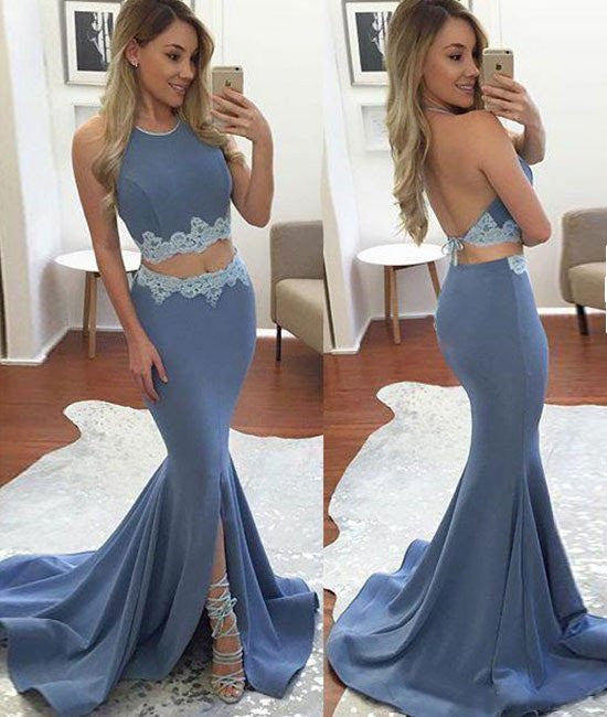 grey two piece prom dress