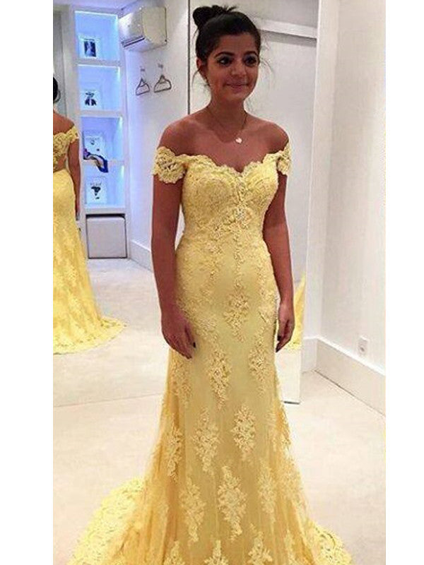 yellow off shoulder gown