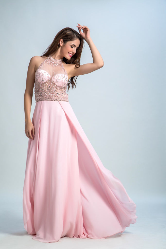 Pink Prom Dresses Long A Line High Neck Floor Length Chiffon Prom Dre 5454