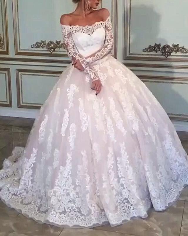 long sleeve off the shoulder ball gown