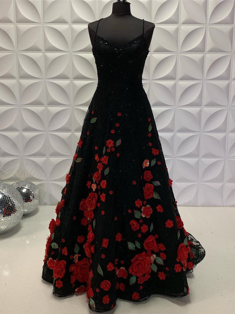 black prom dress with red flowers