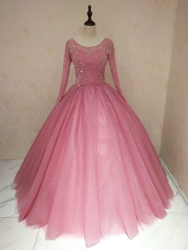 long sleeve pink prom dress