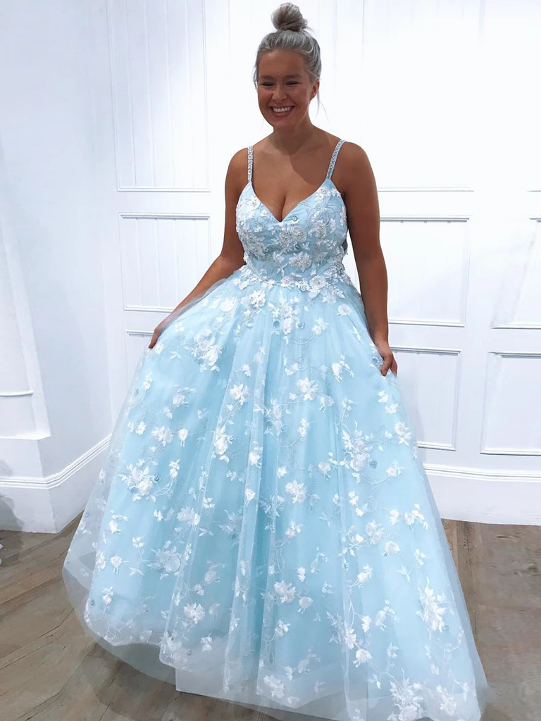 royal blue floral prom dress