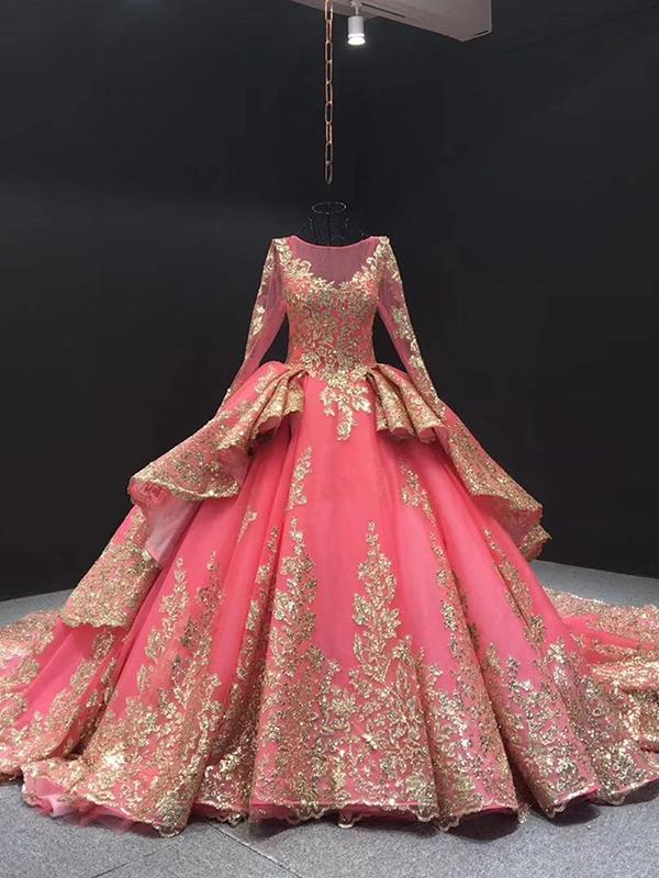 long sleeve pink evening gown