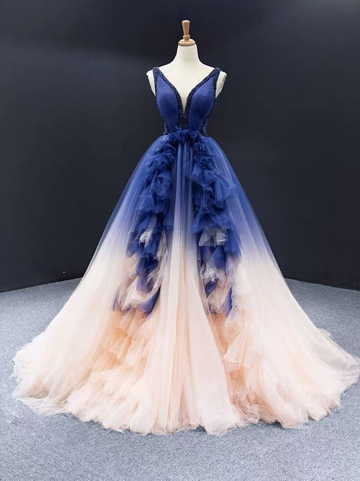 A-line V neck Ombre Long Prom Dress Tulle Quinceanera Dresses WHK197