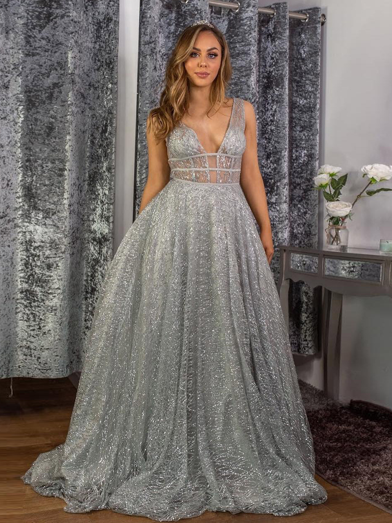 glitter tulle prom dress