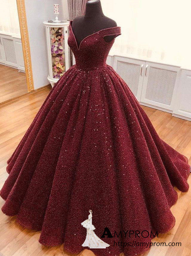 Burgundy Ball Gowns Off-the-shoulder 