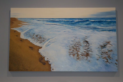 Footprints 3' 5' Original Commissioned oil painting of the ocean, beach and footprints.