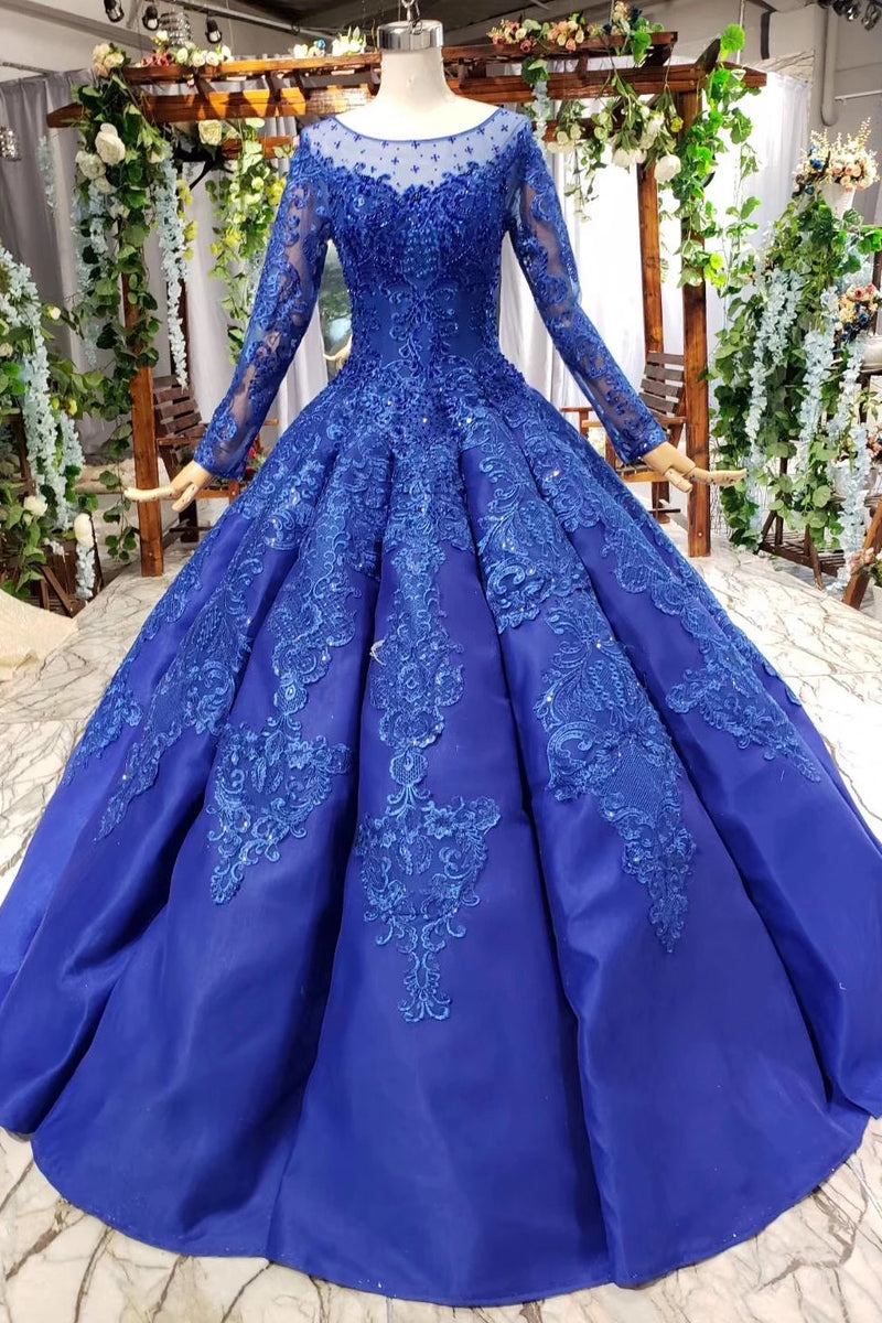 Royal Blue Long Sleeves Ball Gown Prom Dresses Puffy Quinceanera Dress With Appliques N2030 9626