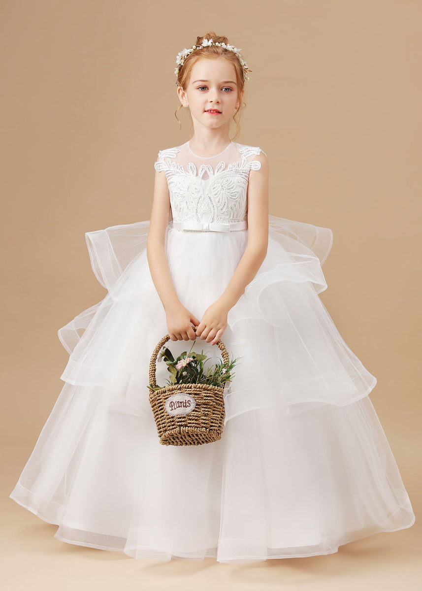 Ivory Multi Layered Tulle Ruffled Satin Flower Girl Dresses With Bow Simibridaldresses 