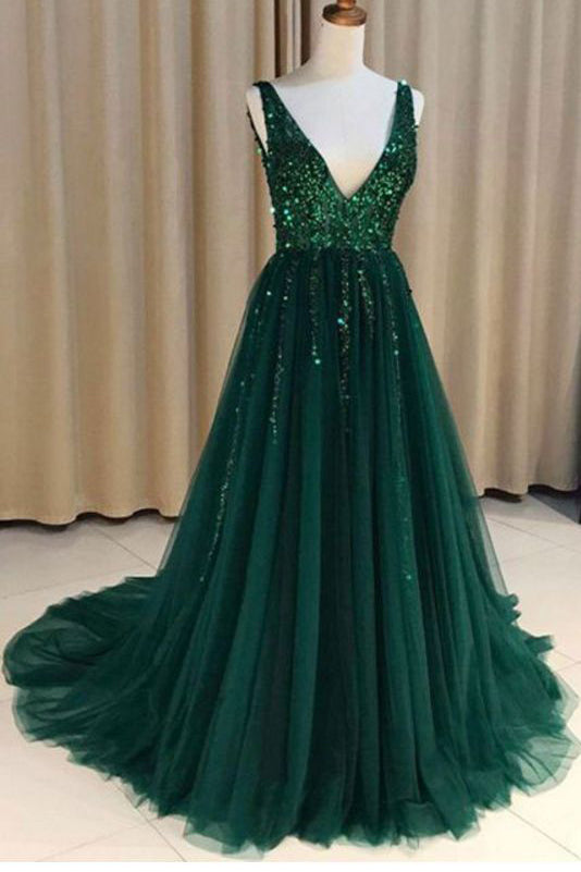 green glitter prom dress