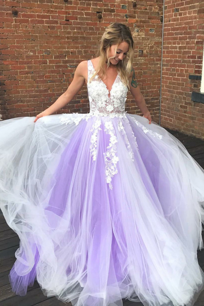 A-Line Purple Tulle V-neck Floor Length 