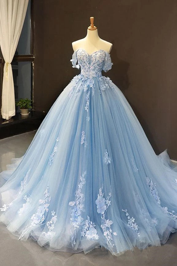 light blue off the shoulder ball gown