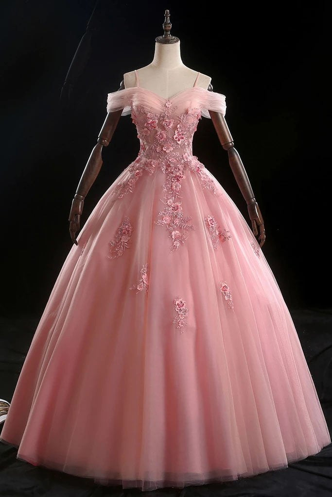 pink off shoulder ball gown
