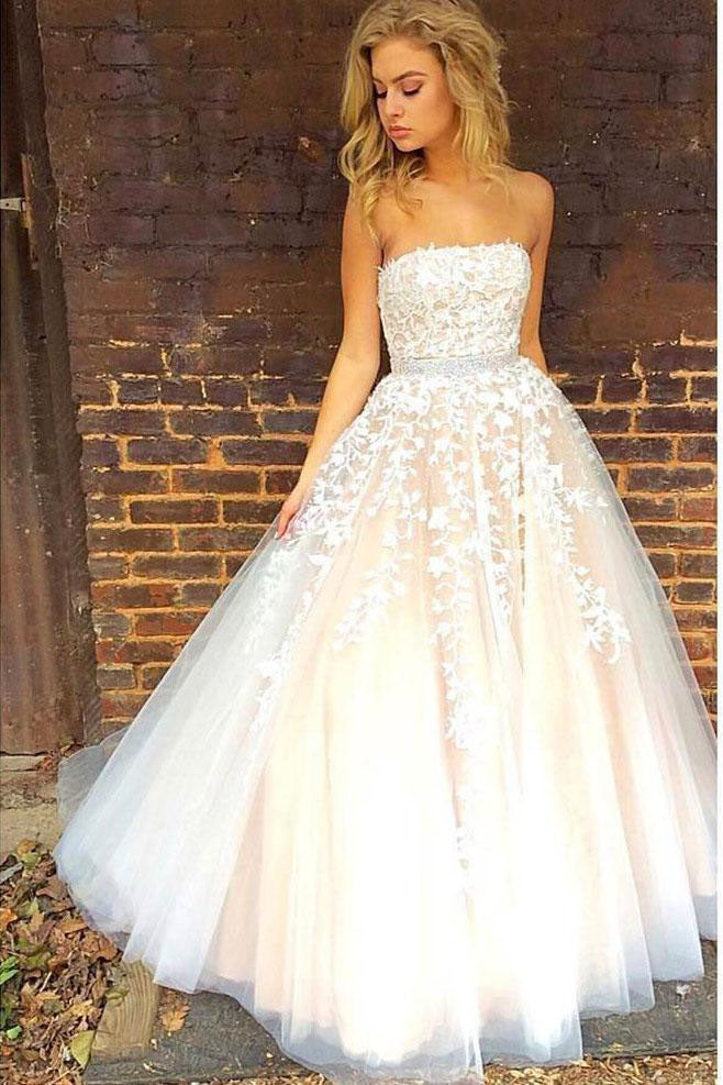 strapless lace prom dress