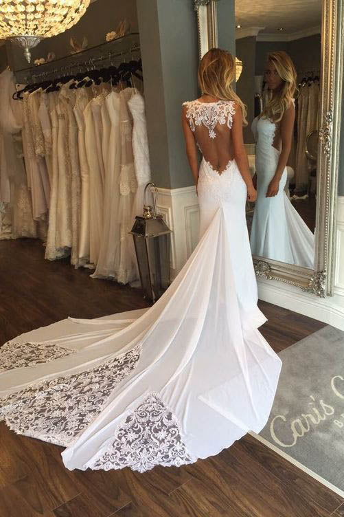 See Through Sheath Sleeveless Long Beach Wedding Dress With Lace Bridal Dress N624