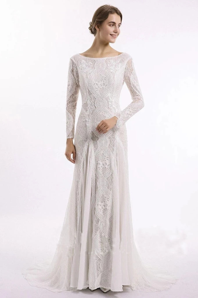 column wedding dresses long sleeve