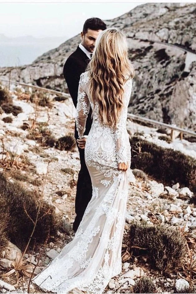 Vintage Long Sleeve Mermaid Lace Applique Wedding Dress Beach Wedding