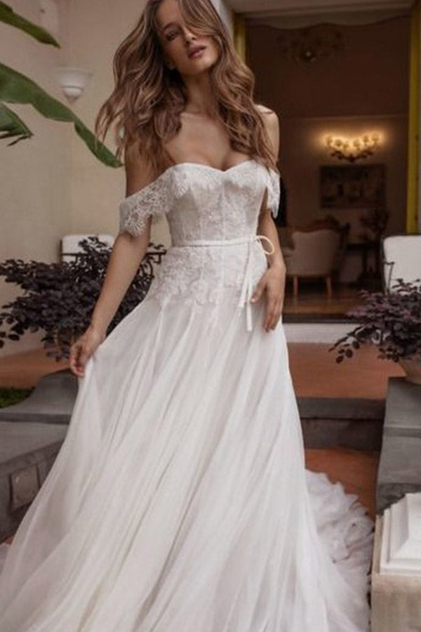 A Line Off Shoulder Beach Wedding Dress With Lace Boho Wedding Dresses With Belt N2077