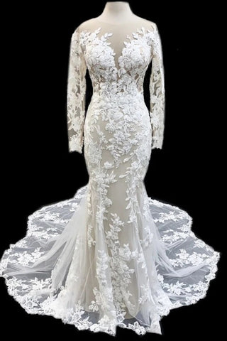 Charming Mermaid Long Sleeves Scoop Neckline Lace Wedding Dresses Y0178