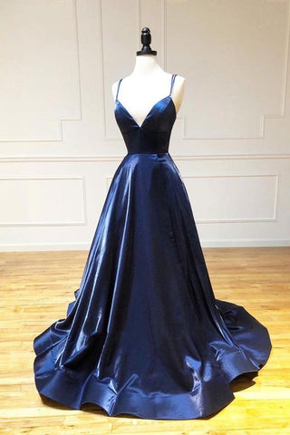 Simple Spaghetti Straps Long V-neck Navy Blue Prom Dresses Y0401