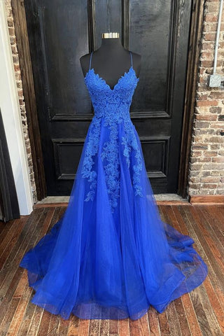 Tight Spaghetti Straps Sweep Train Long Blue Tulle Prom Dresses With Appliques Y0428