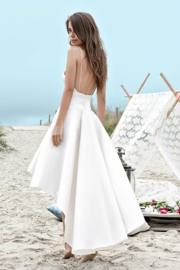 Simple Spaghetti Straps V Neck High Low Short Prom Dress Beach Wedding Dress N562