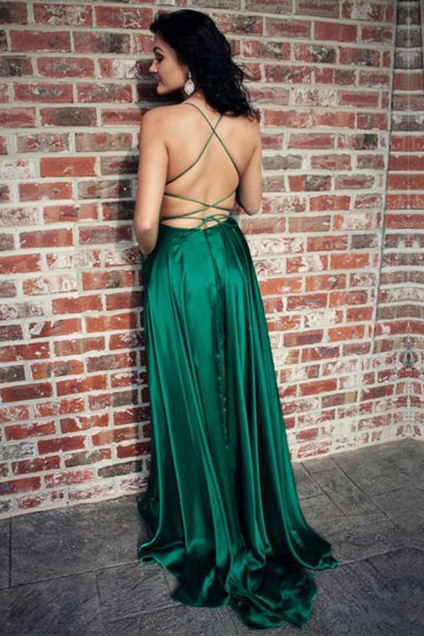 Emerald Green Spaghetti Strap Split Prom Dress Sexy Long Evening Dress With Slit 7725