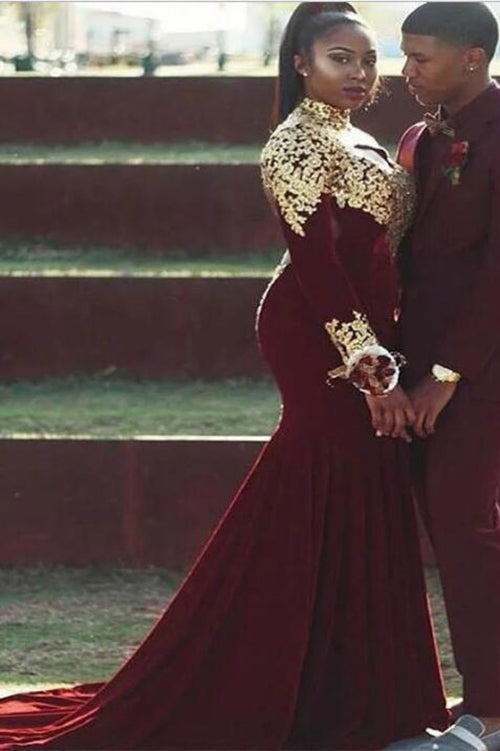 burgundy and gold mermaid prom dress