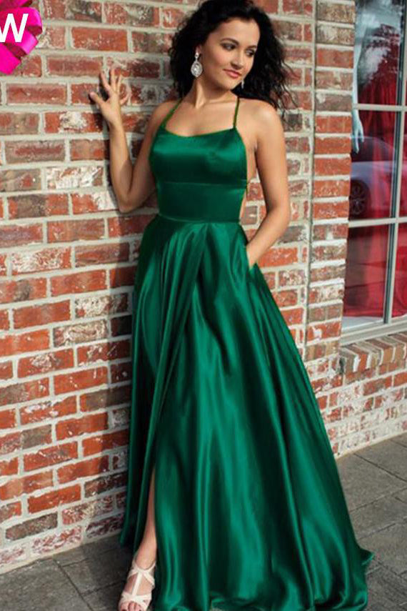 Emerald Green Spaghetti Strap Split Prom Dress, Sexy Long Evening Dress