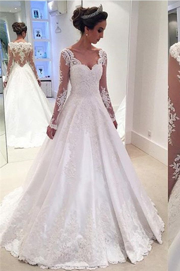 a line v neck long sleeve wedding dress