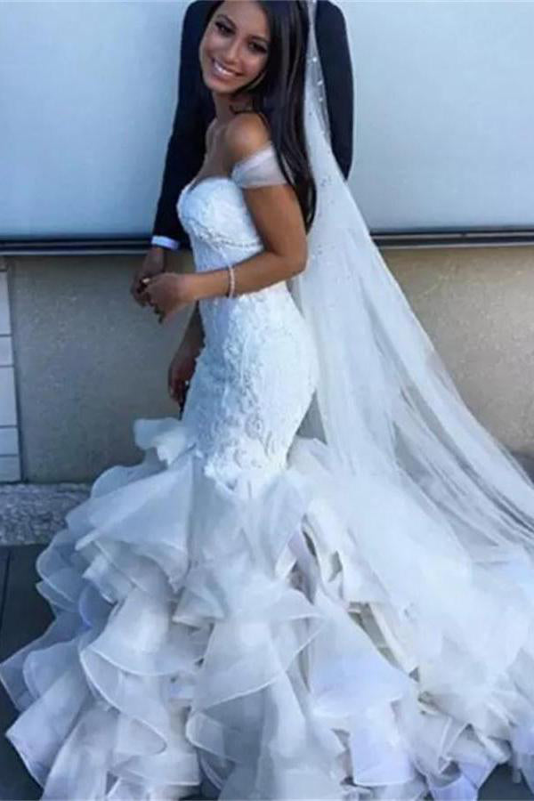 white off the shoulder mermaid wedding dress