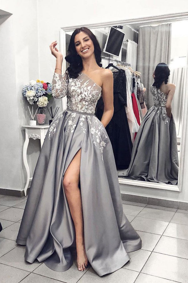 grey long sleeve evening gowns
