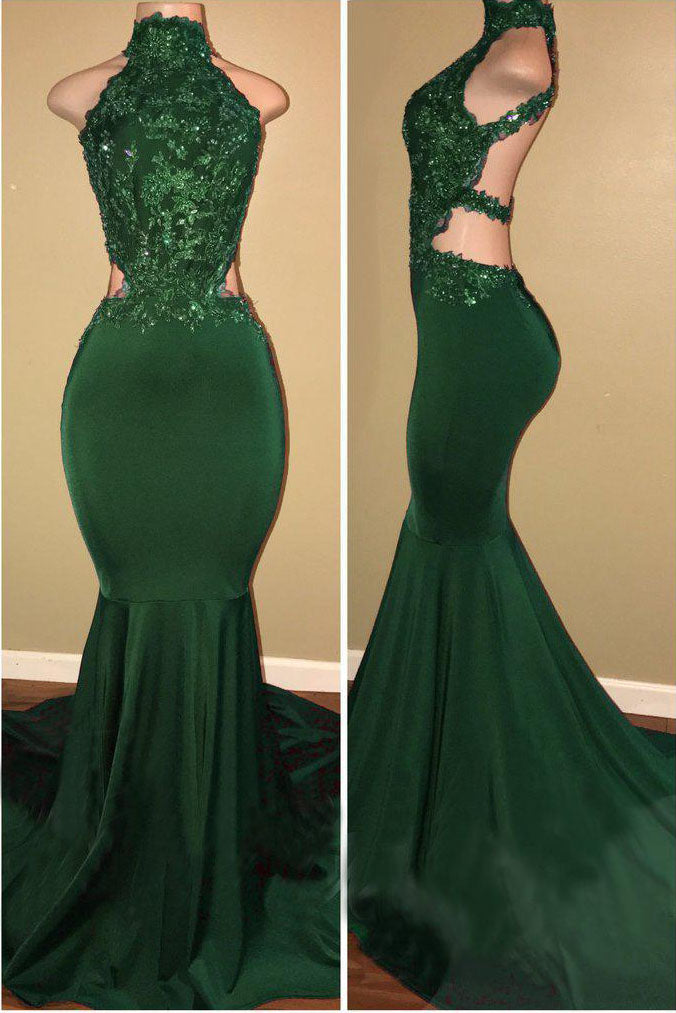Green High Neck Sleeveless Mermaid Long Prom Dress With Appliques Sexy