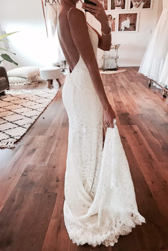 Sexy Mermaid Spaghetti Straps Backless Beach Lace Wedding Dress Lace Bridal Dress N1361 9791
